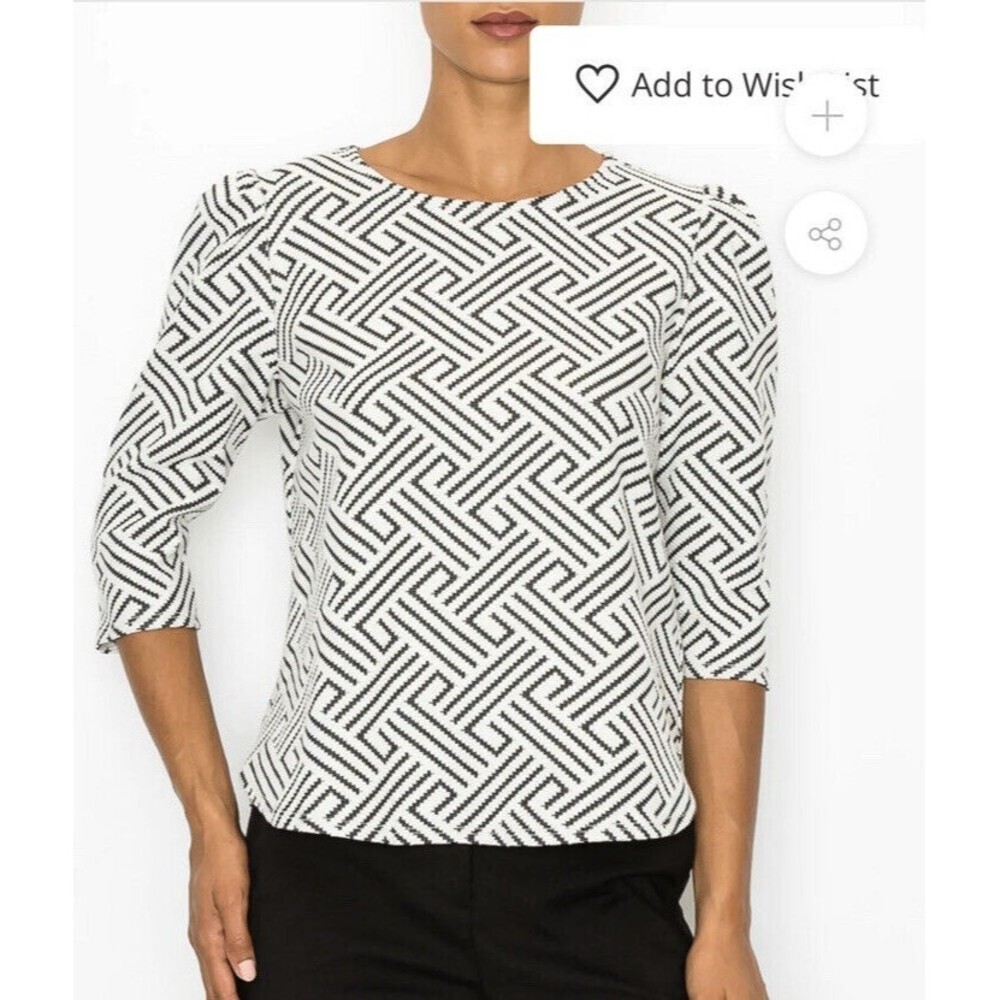 W5 Women's Size Small Black White Geo 3/4 Sleeve Top Career